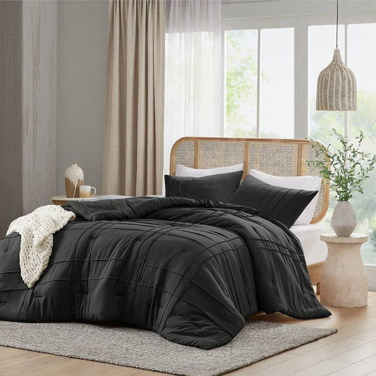King size Pre-Washed Pleated Microfiber Comforter Set in Black