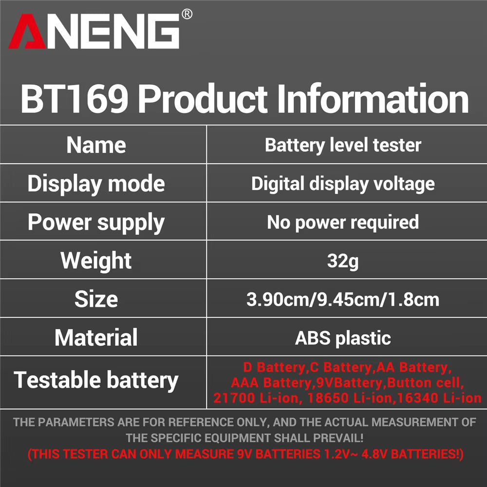 BT169 Digital Battery Testers Detector Multifunctional Quickly Measure Battery AA/AAA/C/D/9V/1.5V Button Cell Measurement