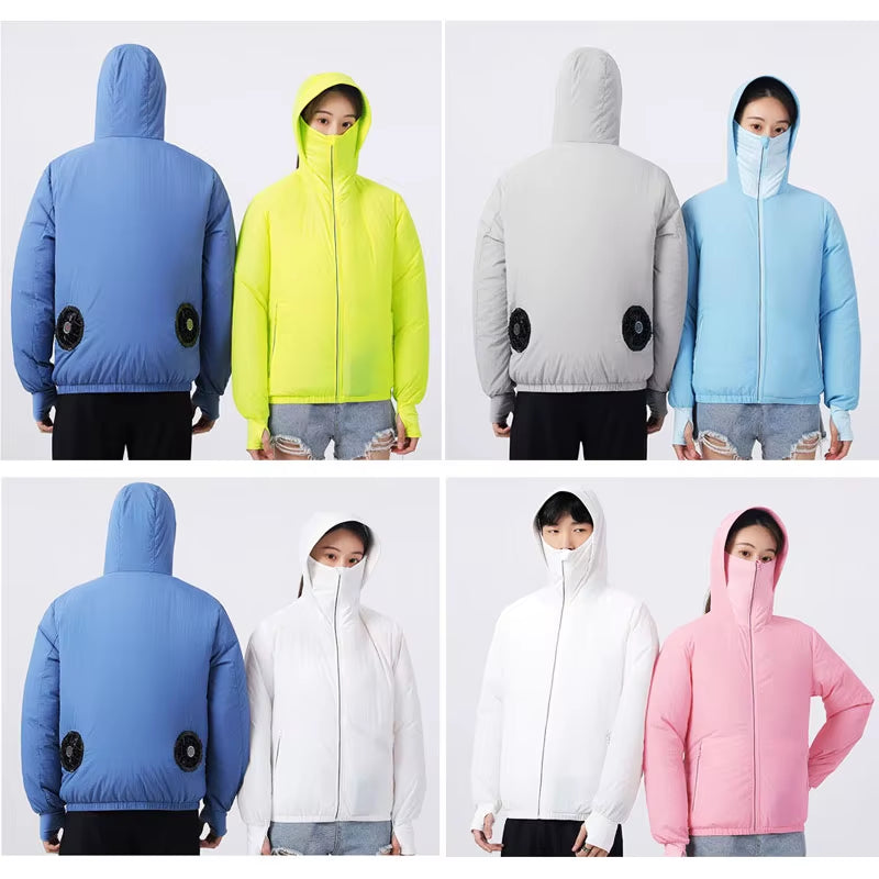 Summer Sunscreen Hooded Fan Clothes Cooling Vest Men Air Conditioning Clothes Women Fan Jacket Cycling Cooling Clothes to Hiking