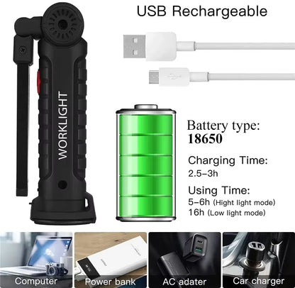 COB LED Work Light Dimmable USB Rechargeable LED Flashlight Inspection Lamp with Magnetic Hook Power Bank 18650 Battery Torch
