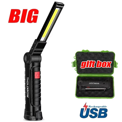 COB LED Work Light Dimmable USB Rechargeable LED Flashlight Inspection Lamp with Magnetic Hook Power Bank 18650 Battery Torch