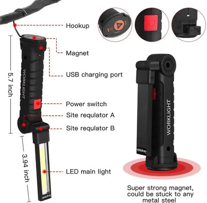 COB LED Work Light Dimmable USB Rechargeable LED Flashlight Inspection Lamp with Magnetic Hook Power Bank 18650 Battery Torch