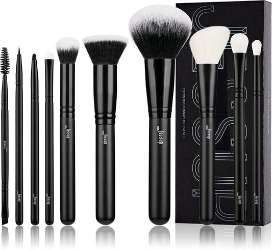 Makeup Brush Set 10Pcs Black Make up Brushes Set Professional with Natural Synthetic Hair for Foundation Blending Blush Concealer Eyeshadow Eyebrow Eyeliner, T323