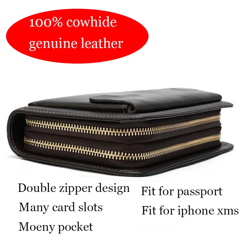 Men'S Wallet Genuine Leather Men Clutch Bag Double Zip Passport Wallet for Cards Coin Long Wallets Purse Hand Bag Pouch