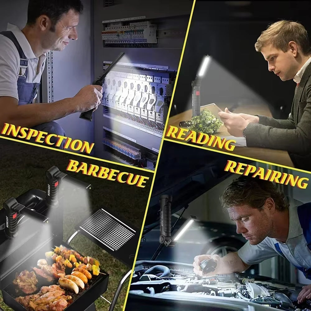 COB LED Work Light Dimmable USB Rechargeable LED Flashlight Inspection Lamp with Magnetic Hook Power Bank 18650 Battery Torch