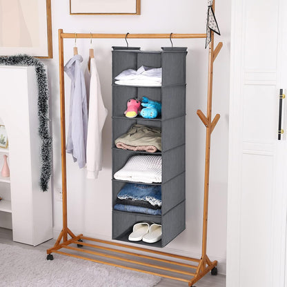 6 Tier Shelf Hanging Closet Organizer, Closet Hanging Shelf with 2 Sturdy Hooks for Storage, Foldable (Grey)
