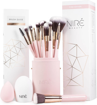 Beauty Pink Makeup Brushes - 15-Piece Award Winning Pink Makeup Brush Set with Case, Blending Sponge, Brush Cleaner, Guide, Gift Box