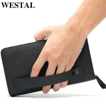 Men'S Wallet Genuine Leather Men Clutch Bag Double Zip Passport Wallet for Cards Coin Long Wallets Purse Hand Bag Pouch