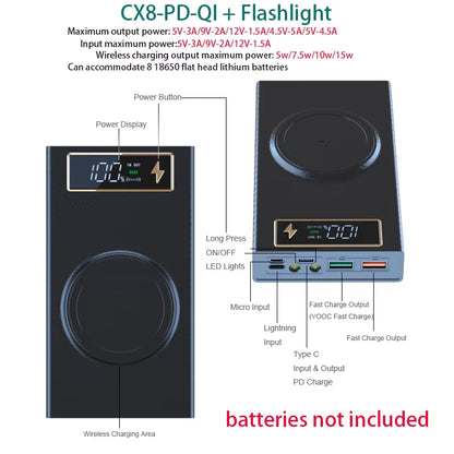 QC3.0 8X18650 Battery Power Bank Case Quick Charge Wireless Powerbank Phone Holder 18650 Battery Storage Box