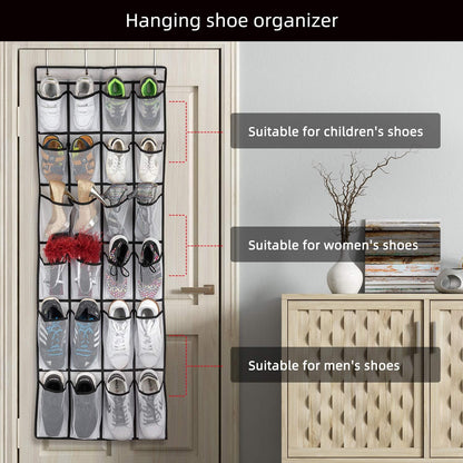 Over the Door Shoe Organizer, Hanging Shoe Organizer with 24 Mesh Large Pockets Door Shoe Rack Organizer for Men Women Kids Hanging Shoe Storage Bag.(White)