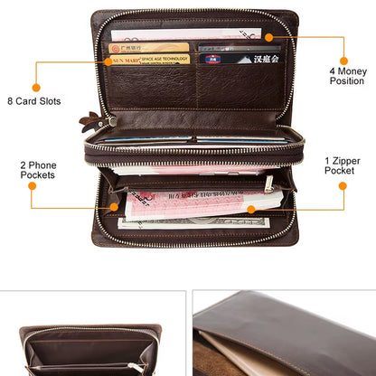 Men'S Wallet Genuine Leather Men Clutch Bag Double Zip Passport Wallet for Cards Coin Long Wallets Purse Hand Bag Pouch