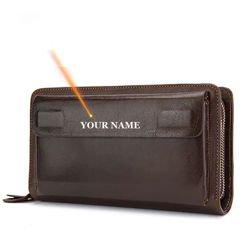 Men'S Wallet Genuine Leather Men Clutch Bag Double Zip Passport Wallet for Cards Coin Long Wallets Purse Hand Bag Pouch