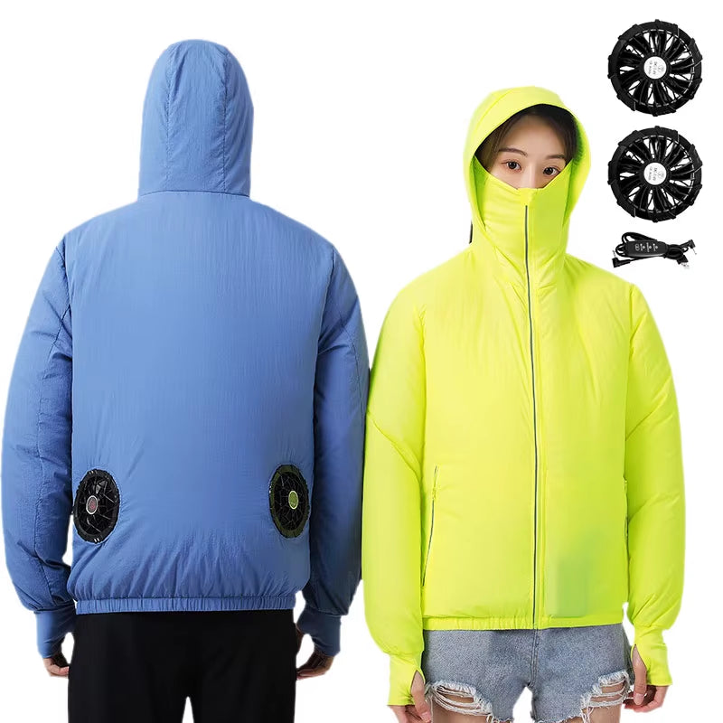 Summer Sunscreen Hooded Fan Clothes Cooling Vest Men Air Conditioning Clothes Women Fan Jacket Cycling Cooling Clothes to Hiking