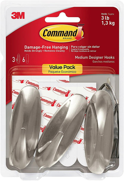 Designer Hooks, Medium, Brushed Nickel, 3-Hooks (17081BN-3ES), Great for Dorm Decor