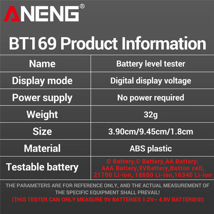 BT169 Digital Battery Testers Detector Multifunctional Quickly Measure Battery AA/AAA/C/D/9V/1.5V Button Cell Measurement