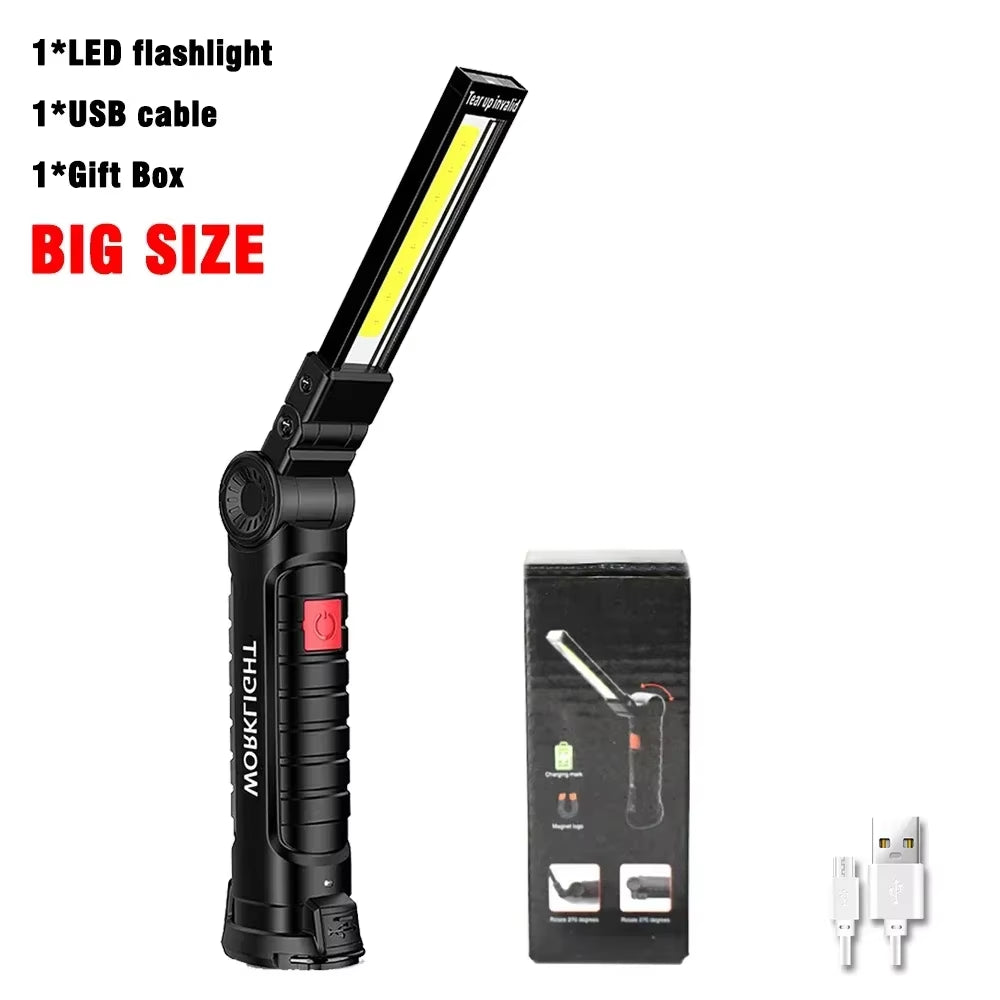 COB LED Work Light Dimmable USB Rechargeable LED Flashlight Inspection Lamp with Magnetic Hook Power Bank 18650 Battery Torch