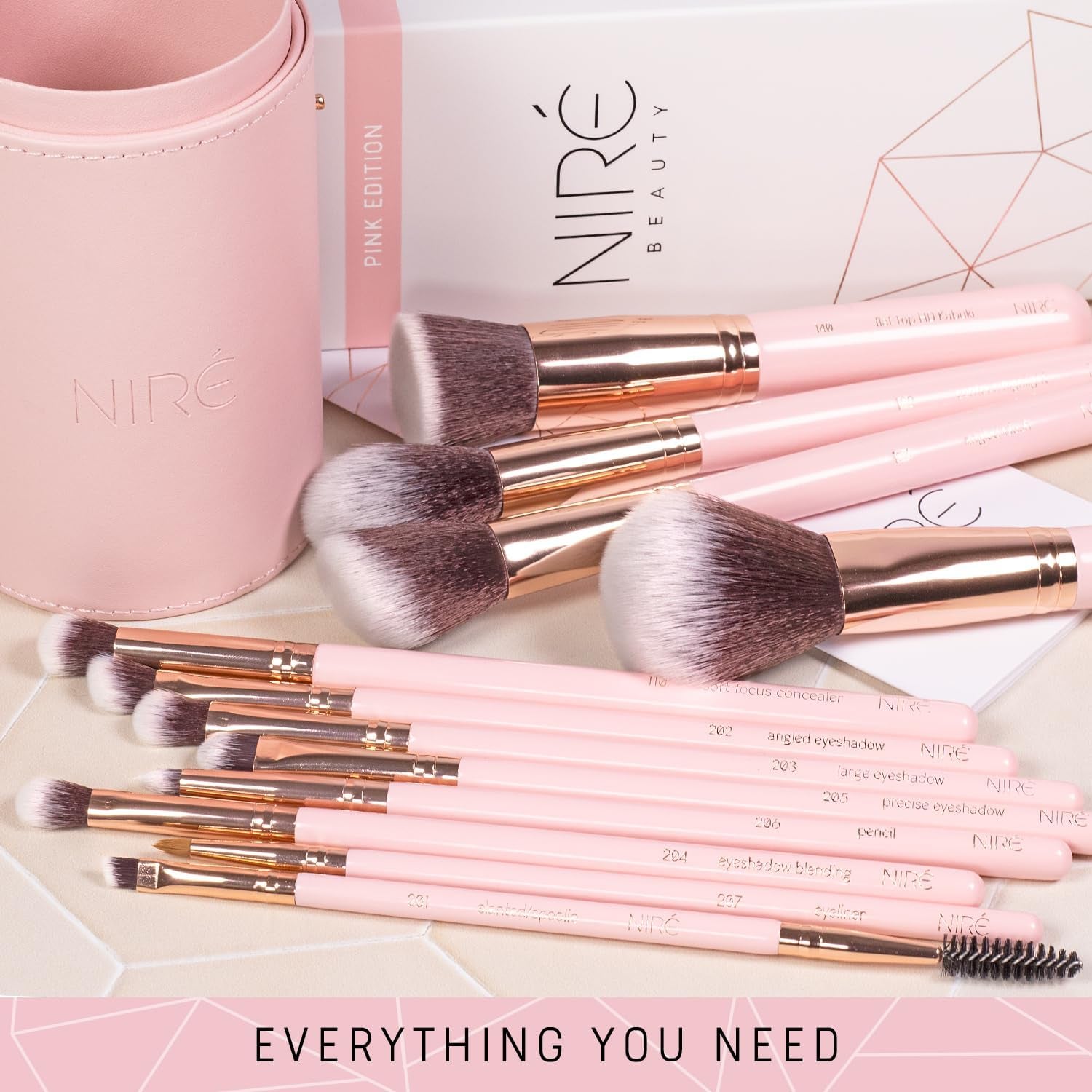 Beauty Pink Makeup Brushes - 15-Piece Award Winning Pink Makeup Brush Set with Case, Blending Sponge, Brush Cleaner, Guide, Gift Box
