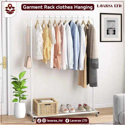 White Modern Garment Rack Clothes Hanging Rod with Lockable Wheels