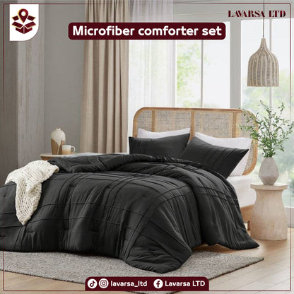 King size Pre-Washed Pleated Microfiber Comforter Set in Black
