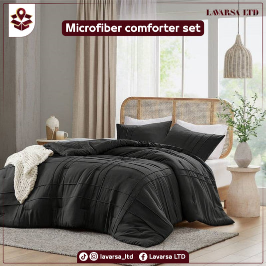 King size Pre-Washed Pleated Microfiber Comforter Set in Black